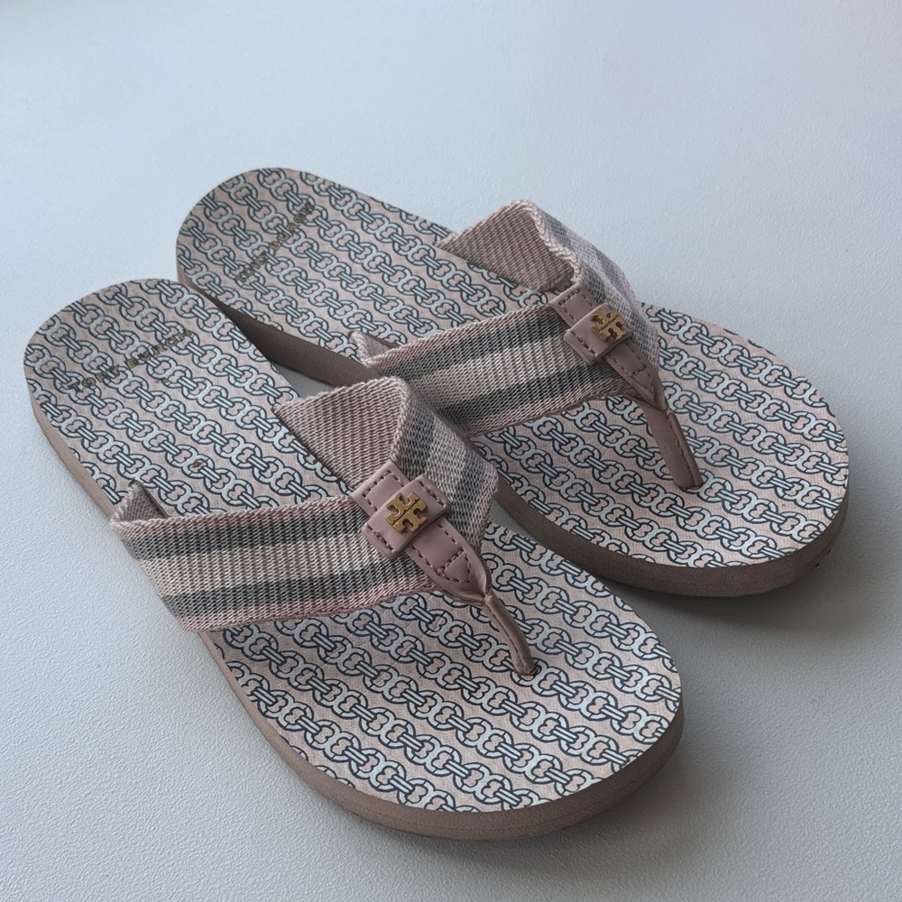 Tory Burch Blush and Beige Logo Pattern Flip Flops size 7